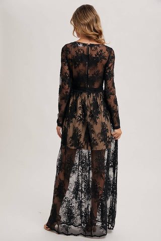 BOHO FLORAL LACE V-NECK MAXI DRESS WITH LINING: ECRU / M