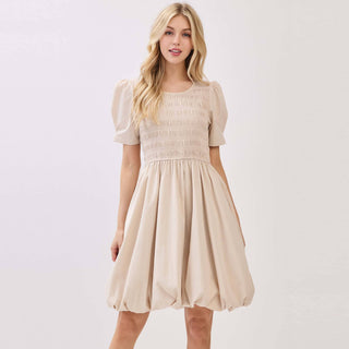 ROUND NECK SMOCKED BODICE SHORT PUFF SLEEVE DRESS - VD6101