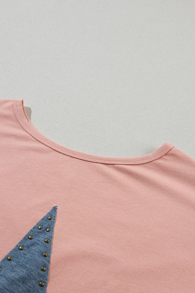 Apricot Pink Mineral Wash Studded Star Patch Graphic High Low Tee: Apricot Pink / XL / 95%Cotton+5%Elastane