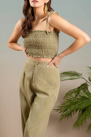 HIGH WAIST WIDE SPLIT LEG DRESS PANTS: OLIVE