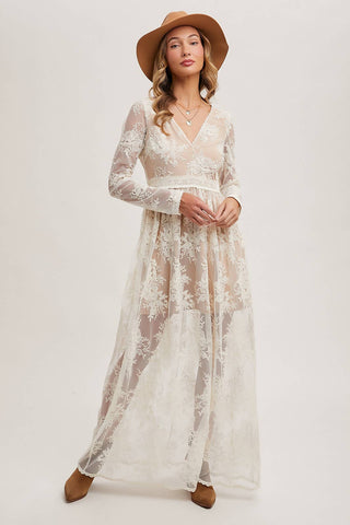 BOHO FLORAL LACE V-NECK MAXI DRESS WITH LINING: ECRU / M