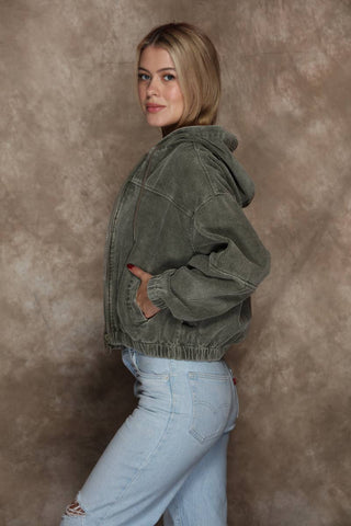 Washed Corduroy Zip Up Hoodie Bomber