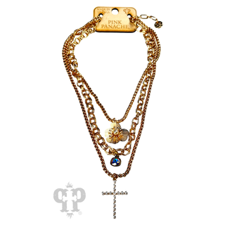 Charm three strand chain necklace N104: Gold