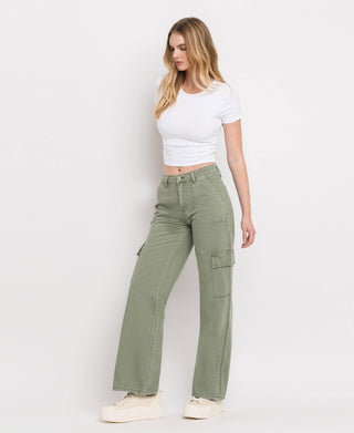 HIGH RISE UTILITY CARGO WIDE LEG JEANS  T5823AG: ARMY GREEN / 24