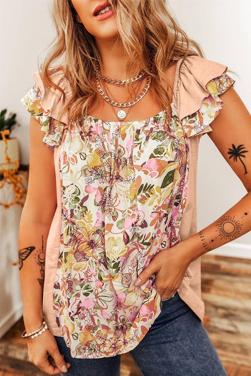 Floral Patchwork Square Neck Ruffle Sleeve Blouse: S / Apricot