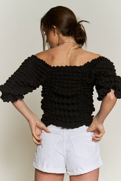 Bubble sleeve textured knit top (plus size available): M / BLACK