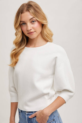 PUFFED 3/4 SLEEVED KNIT SWEATER TOP: LATTE / S