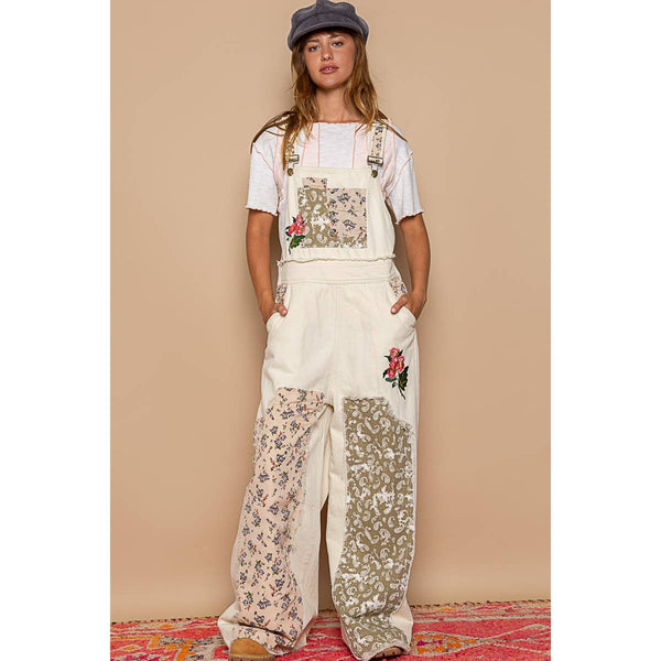 Floral patchwork embroidery overall: M / STRIPE DENIM