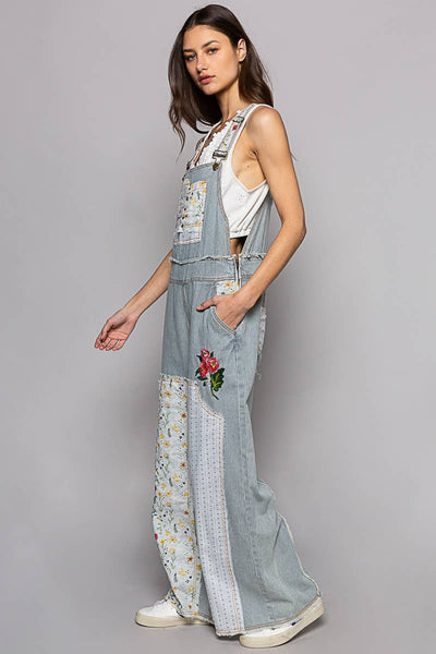 Floral patchwork embroidery overall: M / STRIPE DENIM