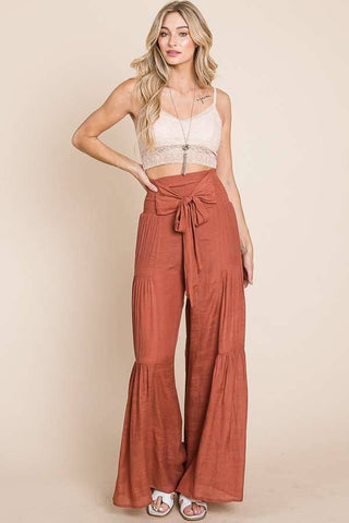 Tie front ruched waist back pants (Plus available) JBJ1033: Rust / L