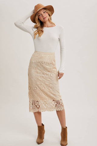 LACE MIDI SKIRT WITH INNER LINING: Beige / S