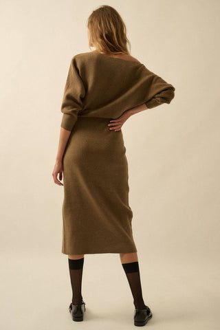 Rib-Knit One-Shoulder Dolman Midi Sweater Dress