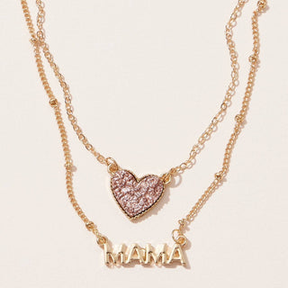 Mama Pendant & Druzy Stone Heart Set Necklace: Gold / One / BNE3093