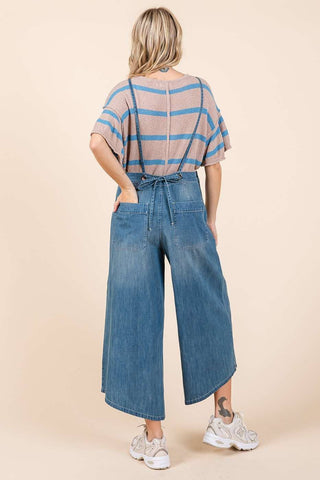 DENIM TIE BACK SLEEVELESS WIDE LEG OVERALLS