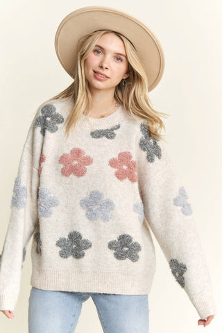 LESW3591X - PLUS PUFF FLOWER COMFY SWEATER: BEIGE / 1XL