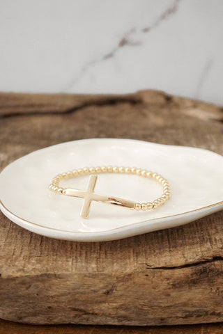 Minimal Cross Stretchy Bracelet in Gold tone with Ball Beads