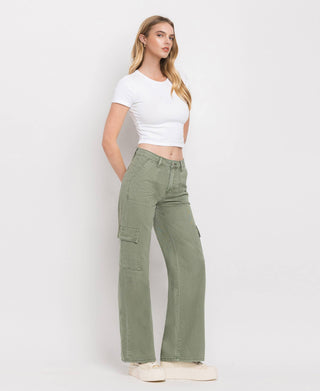 HIGH RISE UTILITY CARGO WIDE LEG JEANS  T5823AG: ARMY GREEN / 24