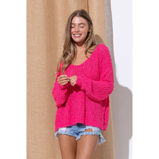 LOOSE POPCORN KNIT BOAT NECK PULLOVER