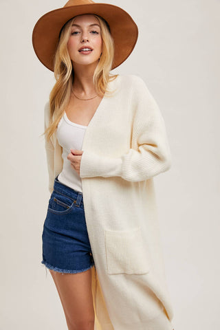 RIBBED OPEN FRONT CARDIGAN: BLUSH / M/L