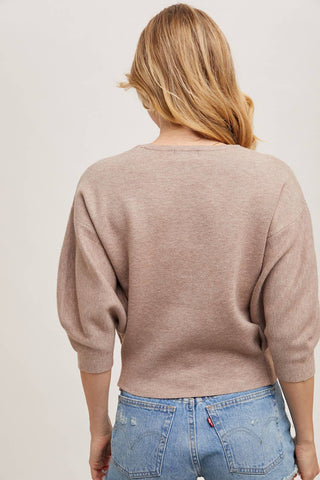 PUFFED 3/4 SLEEVED KNIT SWEATER TOP: LATTE / M