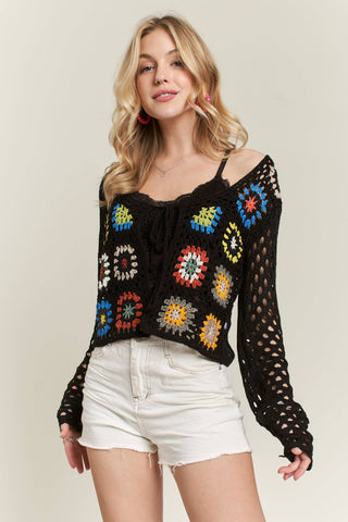 CESW3574 - FRONT TIE CROCHET CARDIGAN: WHITE / S