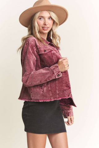 LEJ3662WN - FRAYED HEM CORDUROY JACKET: BURGUNDY / S