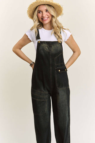 LEJP3648- WASHED DENIM CASUAL OVERALLS: DENIM BLACK / M