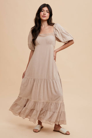 LACE INSET MAXI DRESS: LINEN / L