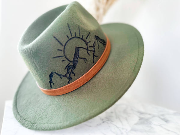 Hand Burnt Mountain Scene Cowboy Hat| Fedora Hat |Rancher: Rancher Hat / Army Green