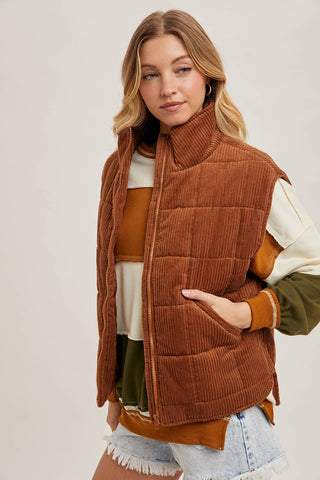 CORDUROY QUILTED PUFFER VEST: ECRU / M