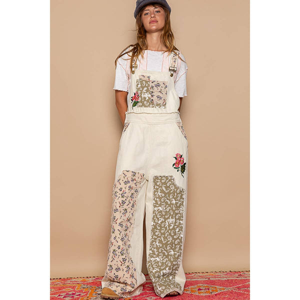 Floral patchwork embroidery overall: M / STRIPE DENIM