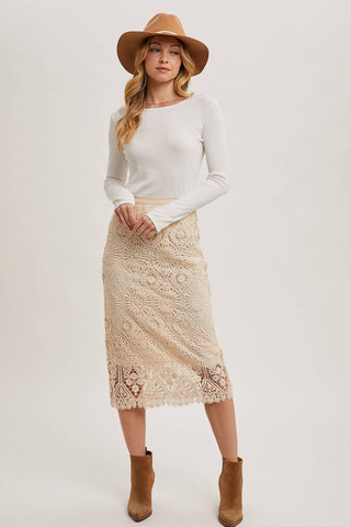 LACE MIDI SKIRT WITH INNER LINING: Beige / S