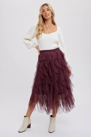 SPRIAL RUFFLED TULLE MIDI SKIRT: PLUM / M