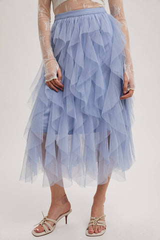 SPRIAL RUFFLED TULLE MIDI SKIRT: PLUM / M