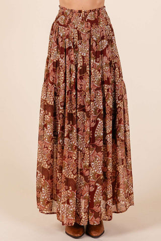 BOHO PAISLEY PRINT SMOCKED WAIST MAXI SKIRT: RED BROWN / L