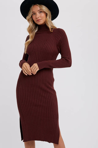 TURTLENECK RIBBED SWEATER MIDI DRESS: CHOCOLATE / S