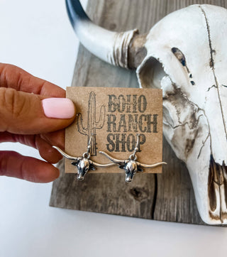 Western Longhorn Steer Burnish Silver Earrings