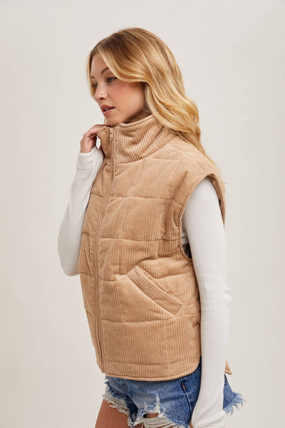 CORDUROY QUILTED PUFFER VEST: ECRU / L