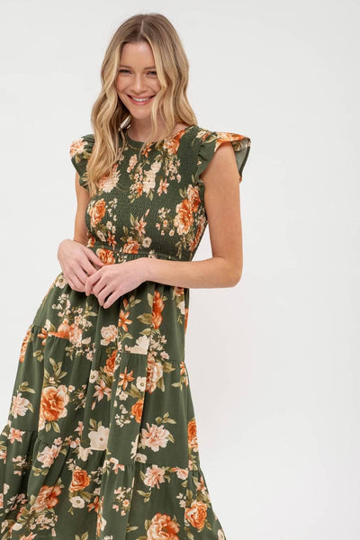 SMOCKED TIERED FLORAL MIDI DRESS: BLACK MULTI