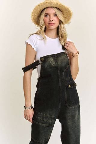 LEJP3648- WASHED DENIM CASUAL OVERALLS: DENIM BLACK / M