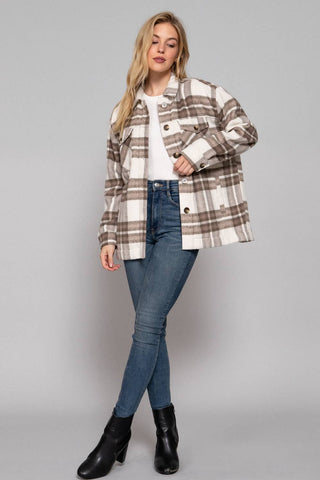 Long Sleeve Inside Faux Fur Brushed Plaid Jacket