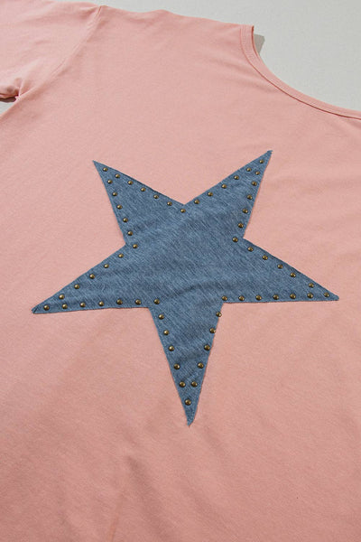 Apricot Pink Mineral Wash Studded Star Patch Graphic High Low Tee: Apricot Pink / M / 95%Cotton+5%Elastane