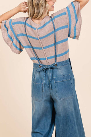DENIM TIE BACK SLEEVELESS WIDE LEG OVERALLS