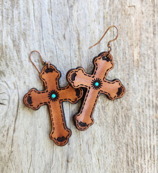 "Faith"  Handmade Tooled Leather Cross Earrings