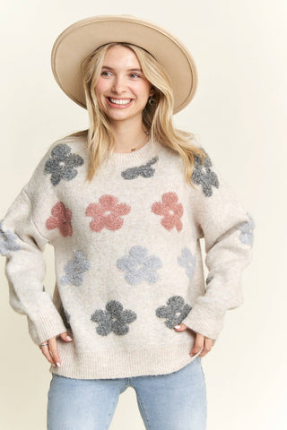 LESW3591X - PLUS PUFF FLOWER COMFY SWEATER: BEIGE / 2XL