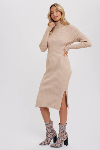 TURTLENECK RIBBED SWEATER MIDI DRESS: CHOCOLATE / S