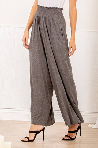 SP1123-10 FOLD OVER WIDE LEG SOLID PANTS WITH SMOCKED: 2-2-2 (1X-2X-3X) / CHARCOAL