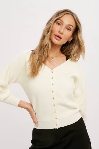 V-NECK BUTTON UP PULLOVER: CREAM / M