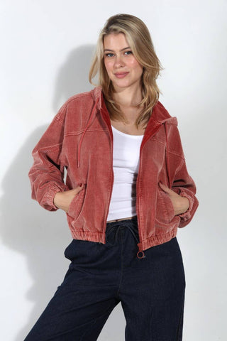 Washed Corduroy Zip Up Hoodie Bomber