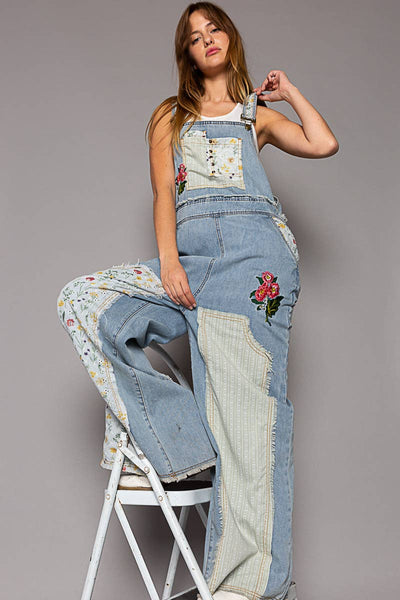 Floral patchwork embroidery overall: M / STRIPE DENIM